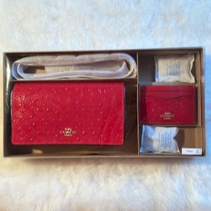 COACH Boxed Anna (Red) Foldover Clutch Crossbody & Card Case Set NIB